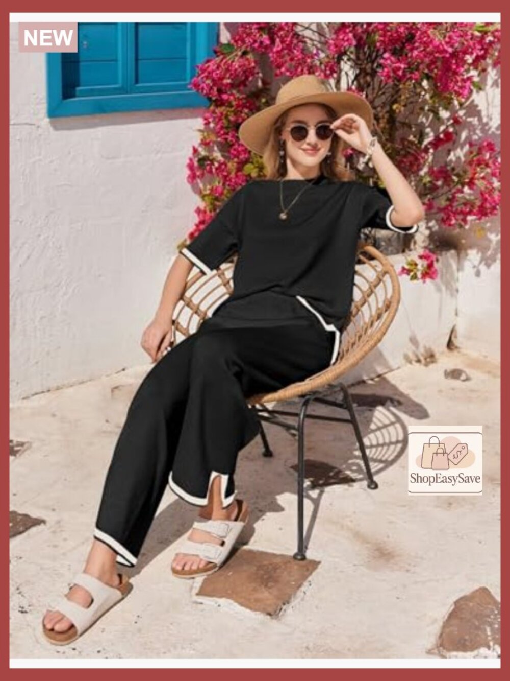 2 Piece Lounge Set Short Sleeve Top Wide Leg Pants Travel Outfit - Picture 3 of 7